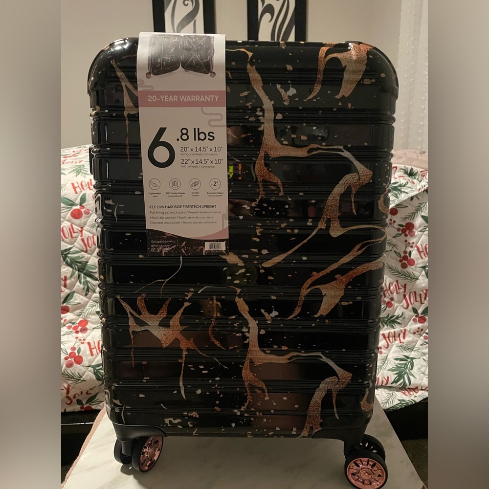 New- IFLY - Fibertech white/Rose Gold Marble Hardside Luggage 20 Inch Carry-on